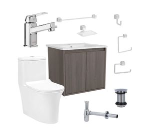 Mueble vanitorio Amelie 60 cm ulmo cromo + WC + grifería + desagüe/sifón + accesorios