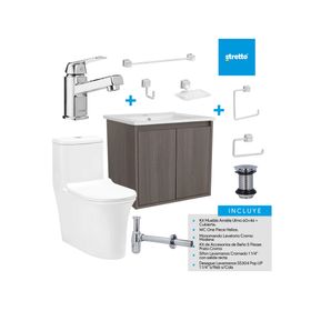 Mueble vanitorio Amelie 60 cm ulmo cromo + WC + grifería + desagüe/sifón + accesorios