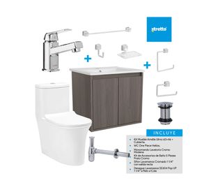 Mueble vanitorio Amelie 60 cm ulmo cromo + WC + grifería + desagüe/sifón + accesorios