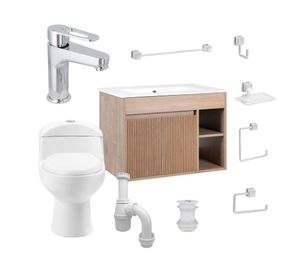 Mueble vanitorio Lille 70 cm texturado lenga + WC + grifería + desagüe/sifón + accesorios