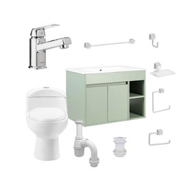 Mueble vanitorio Lille 60 cm sage green + WC + grifería + desagüe/sifón + accesorios