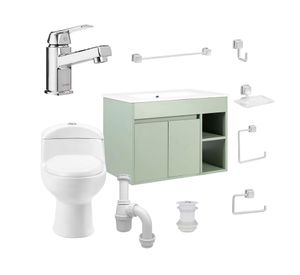 Mueble vanitorio Lille 60 cm sage green + WC + grifería + desagüe/sifón + accesorios