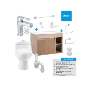 Mueble vanitorio Lille 70 cm texturado lenga + WC + grifería + desagüe/sifón + accesorios