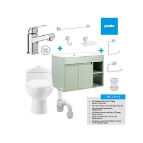 Mueble vanitorio Lille 60 cm sage green + WC + grifería + desagüe/sifón + accesorios