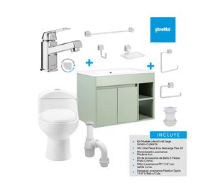 Mueble vanitorio Lille 60 cm sage green + WC + grifería + desagüe/sifón + accesorios