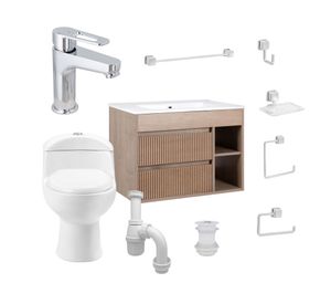 Mueble vanitorio Paris 60 cm texturado lenga + WC + grifería + desagüe/sifón + accesorios
