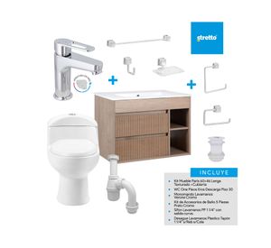 Mueble vanitorio Paris 60 cm texturado lenga + WC + grifería + desagüe/sifón + accesorios