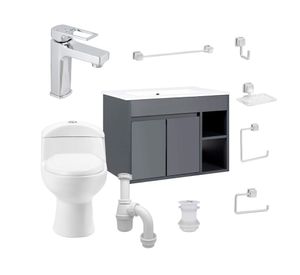 Mueble vanitorio Lille 70 cm dark grey + WC + grifería + desagüe/sifón + accesorios