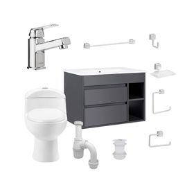Mueble vanitorio Paris 60 cm Grey + WC + grifería + desagüe/sifón + accesorios