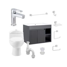 Mueble vanitorio Lille 60 cm dark grey texturado + WC + grifería + desagüe/sifón + accesorios