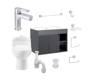 Mueble vanitorio Lille 60 cm dark grey texturado + WC + grifería + desagüe/sifón + accesorios