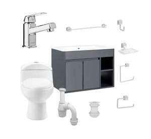 Mueble vanitorio Lille 60 cm dark grey + WC + grifería + desagüe/sifón + accesorios