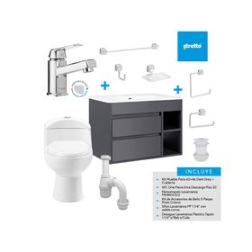 Mueble vanitorio Paris 60 cm Grey + WC + grifería + desagüe/sifón + accesorios