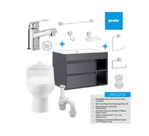 Mueble vanitorio Paris 60 cm Grey + WC + grifería + desagüe/sifón + accesorios