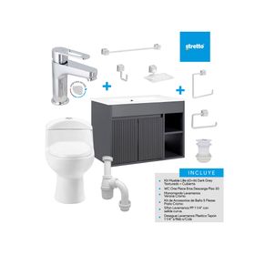 Mueble vanitorio Lille 60 cm dark grey texturado + WC + grifería + desagüe/sifón + accesorios