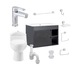 Mueble vanitorio Paris 70 cm texturado dark grey + WC + grifería + desagüe/sifón + accesorios