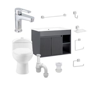 Mueble vanitorio Lille 70 cm texturado dark grey + WC + grifería + desagüe/sifón + accesorios