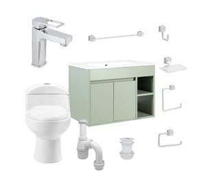 Mueble vanitorio Lille 70 cm sage green + WC + grifería + desagüe/sifón + accesorios