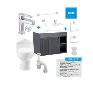 Mueble vanitorio Lille 70 cm texturado dark grey + WC + grifería + desagüe/sifón + accesorios