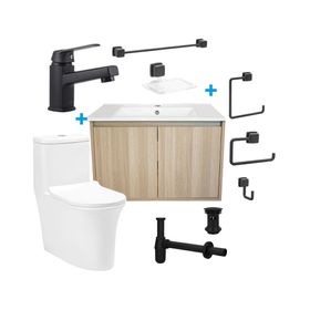 Mueble vanitorio Amelie 60 cm acacia Negro Mate + WC + grifería + desagüe/sifón + accesorios