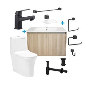Mueble vanitorio Amelie 60 cm acacia Negro Mate + WC + grifería + desagüe/sifón + accesorios