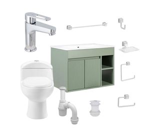 Mueble vanitorio Lille 60 cm texturado sage green + WC + grifería + desagüe/sifón + accesorios