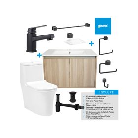 Mueble vanitorio Amelie 60 cm acacia Negro Mate + WC + grifería + desagüe/sifón + accesorios