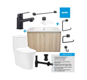 Mueble vanitorio Amelie 60 cm acacia Negro Mate + WC + grifería + desagüe/sifón + accesorios