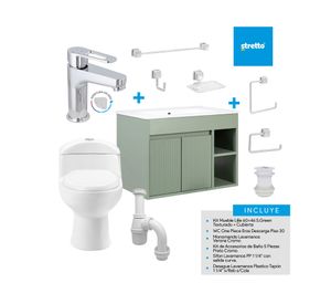 Mueble vanitorio Lille 60 cm texturado sage green + WC + grifería + desagüe/sifón + accesorios