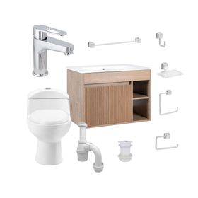 Mueble vanitorio Lille 60 cm texturado lenga + WC + grifería + desagüe/sifón + accesorios