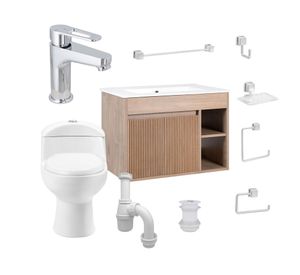 Mueble vanitorio Lille 60 cm texturado lenga + WC + grifería + desagüe/sifón + accesorios