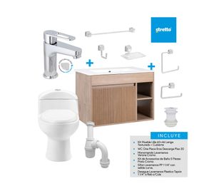Mueble vanitorio Lille 60 cm texturado lenga + WC + grifería + desagüe/sifón + accesorios