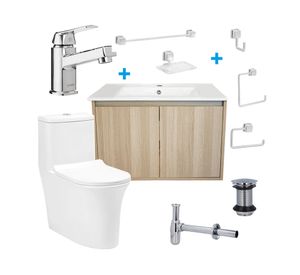Mueble vanitorio Amelie 60 cm acacia cromo + WC + grifería + desagüe/sifón + accesorios
