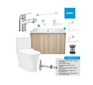 Mueble vanitorio Amelie 60 cm acacia cromo + WC + grifería + desagüe/sifón + accesorios
