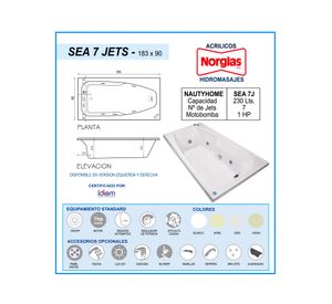 Tina hidromasaje Sea 7J derecha 44x183x90 cm