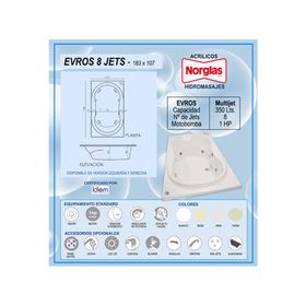 Tina hidromasaje 183 x 107 cm 8 jets derecha Evros blanco