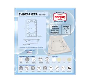 Tina hidromasaje 183 x 107 cm 8 jets derecha Evros blanco