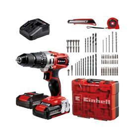 Kit taladro percutor inalámbrico 18V + 2 baterías 2.0 Ah + 64 accesorios + cargador + maletín