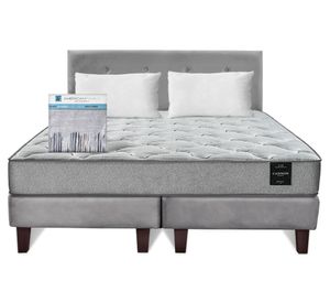 Cama europea Still 2 plazas base dividida + almohadas + sábanas + respaldo gris