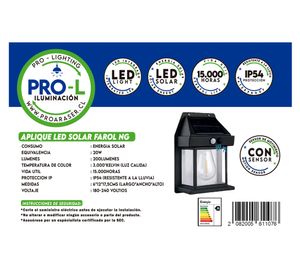 Aplique LED solar 1L Farol negro