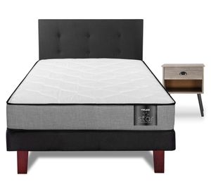 Cama europea 1.5 plazas Star + respaldo Royal negro + velador Rock
