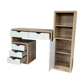 Escritorio + cajonera + librero blanco/natural