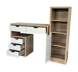 Escritorio + cajonera + librero blanco/natural