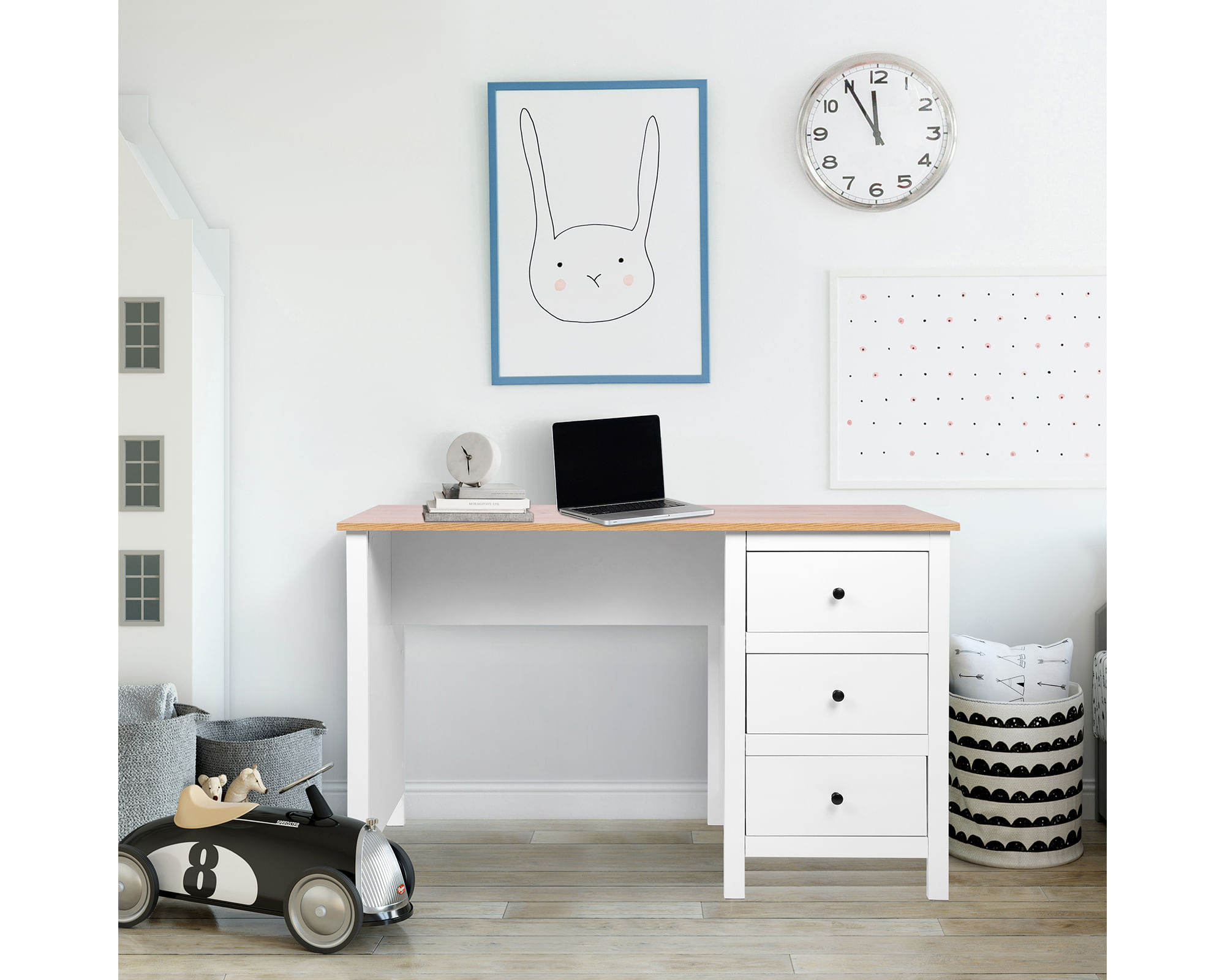 Escritorio Provenzal blanco/natural 75x120x55 cm 3 cajones | Easy.cl