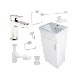 Pack baño mueble Claire blanco + grifería + accesorios + sifón + desagüe
