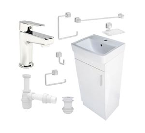 Pack baño mueble Claire blanco + grifería + accesorios + sifón + desagüe
