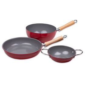 Set Wok 22 cm + Sartén 24 cm + Paila 16 cm Family Cook rojo