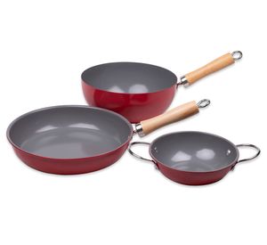 Set Wok 22 cm + Sartén 24 cm + Paila 16 cm Family Cook rojo