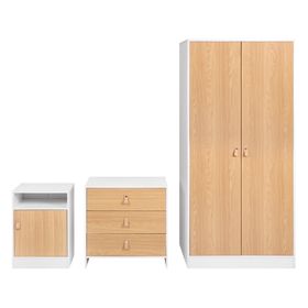 Combo Clóset 2 puertas + Cómoda 3 cajones + Velador 1 cajón blanco/natural