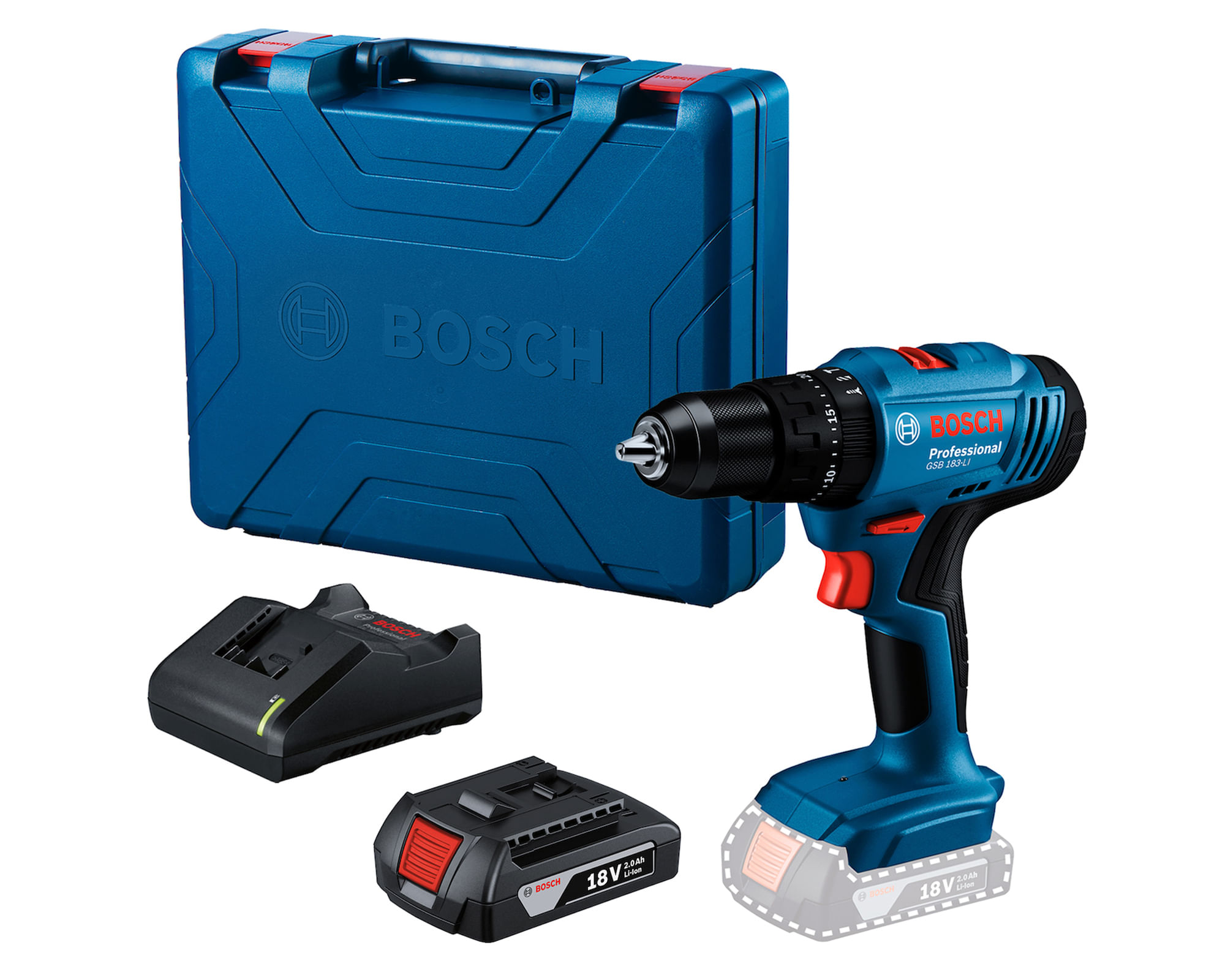 Taladro inalámbrico percutor/atornillador GSB 183 + batería 18 V 2.0 Ah + cargador GAL 18 V-20 + maletín a $99.990
